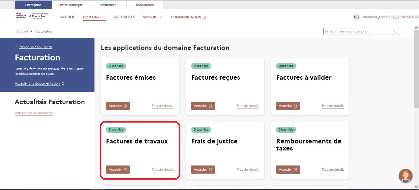 Accès à la bulle Factures de travaux à partir du domaine Facturation