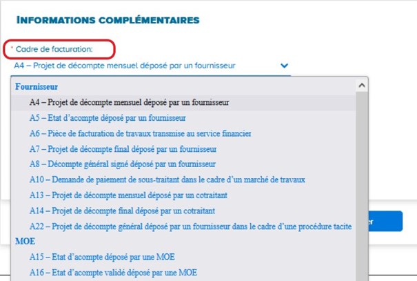 Sélection du cadre de facturation dans la liste déroulante