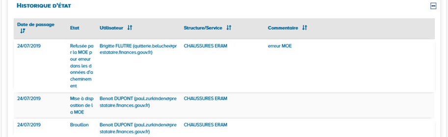 Ecran de suivi du traitement d'une facture, présentant l'historique de ses statuts et les commentaires associés