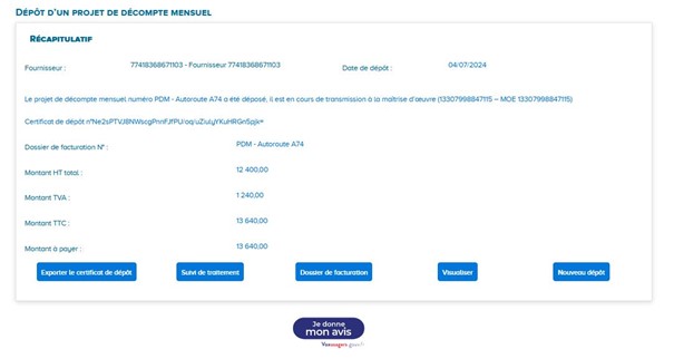 Récapitulatif de dépôt d'un projet de décompte mensuel