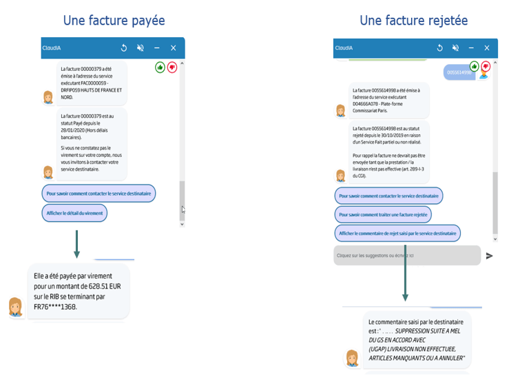 Exemple de tchat avec Claudia pour s'informer du paiement d'une facture