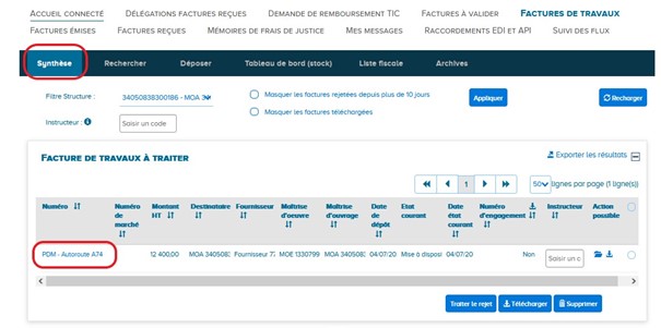 Accès aux factures reçues via le menu Synthèse