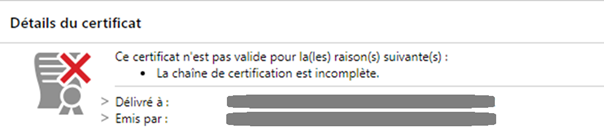 Affichage des détails du certificat : cas d'un certificat non valide