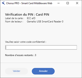 Ecran de saisie du code PIN