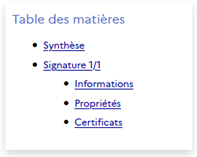 Table des matières du contrôle de signature