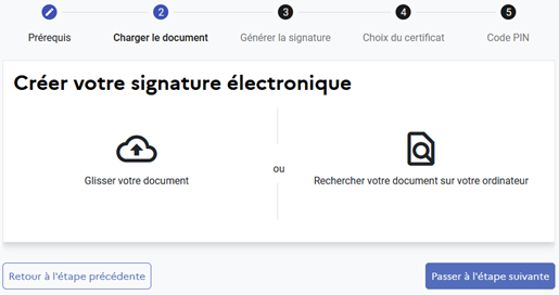 Ecran de l'étape 2 : charger le document