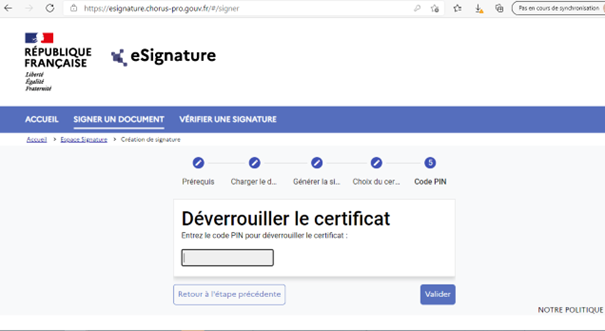 Saisie du code PIN du certificat choisi
