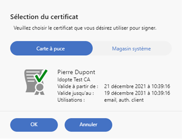 Ecran de sélection du certificat de signature