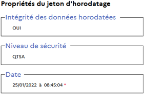 Section prorpiétés du jeton d'horodatage